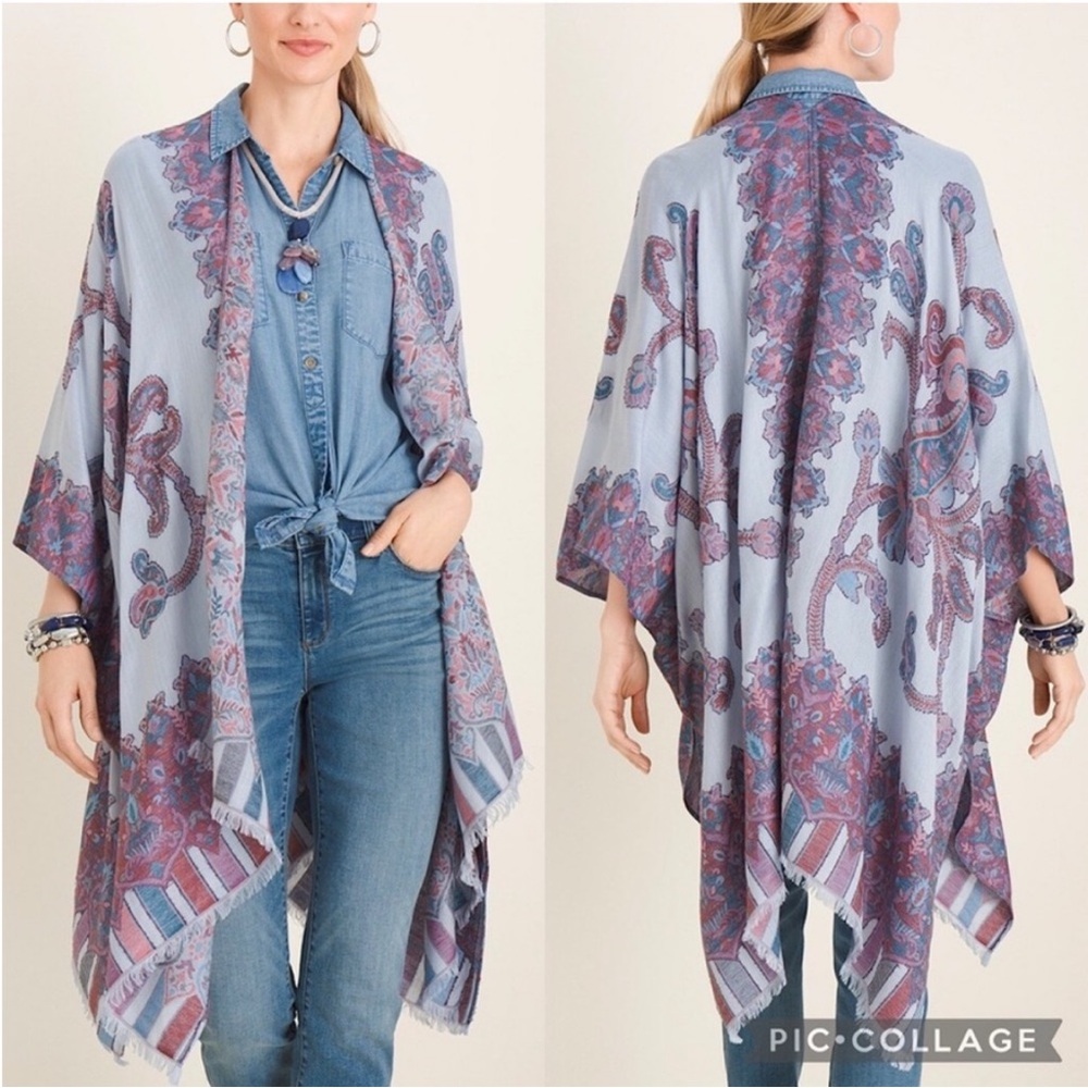 Chicos Rauna Fringe Shawl Wrap Paisley Kimono Cardigan Boho Lightweight Coverup